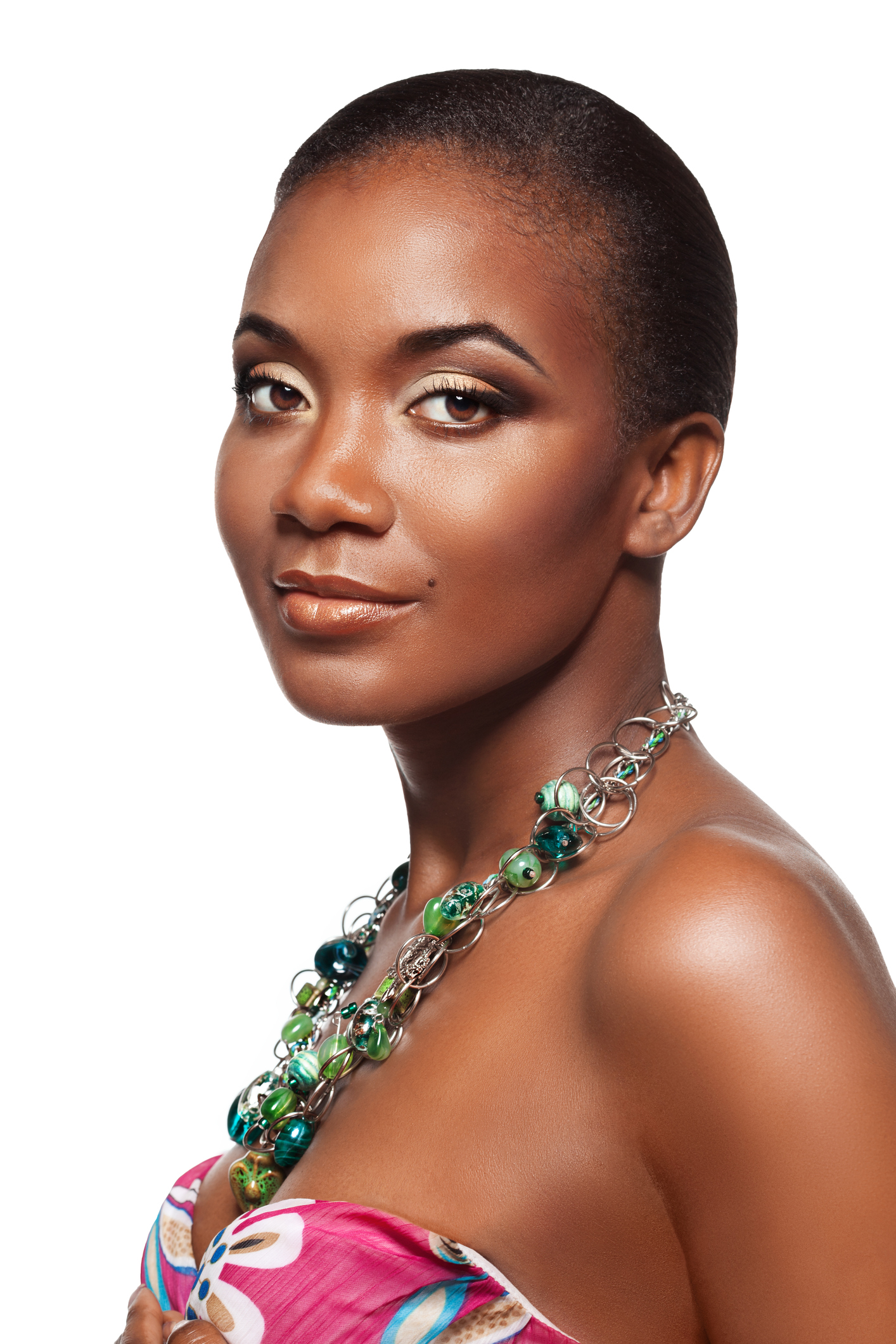 Beauty Portrait of handsome young black woman with beautiful makeup, isolated on white background