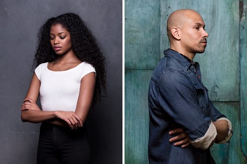Double portrait of young man and woman serious