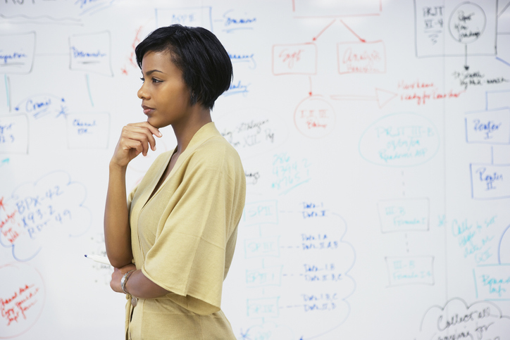 African American businesswoman standing in front of whiteboard wall