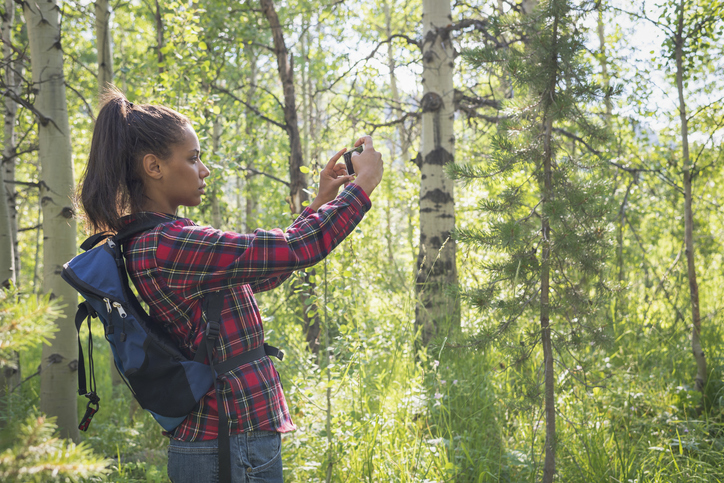 Young woman taking photo with phone on hiking trail
