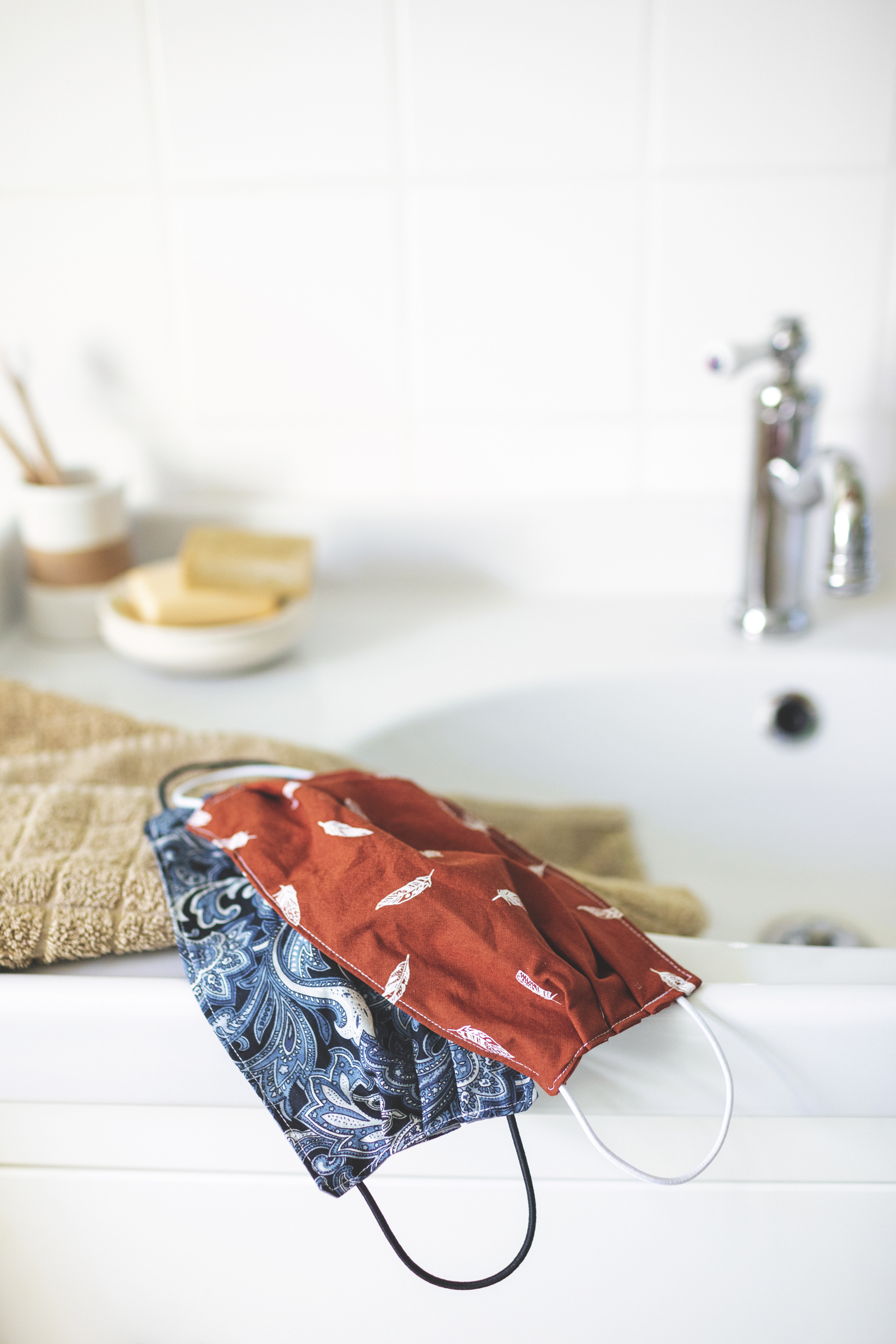 Self-sewn face mask freshly washed to protect against viruses and bacteria