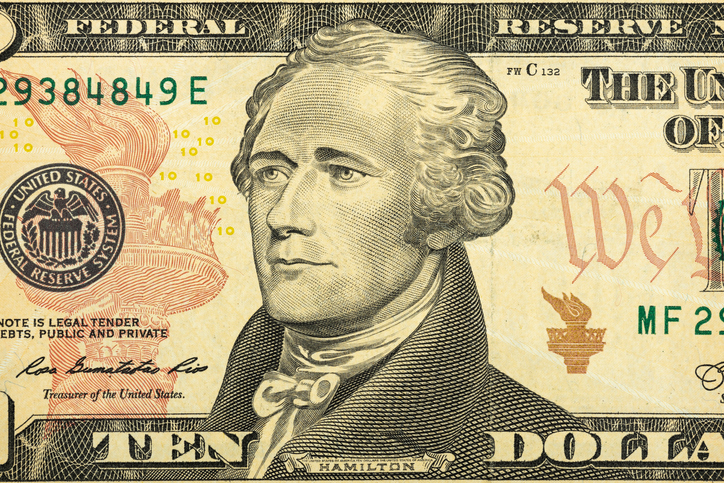 US Currency Ten Dollar Bill Close Up View