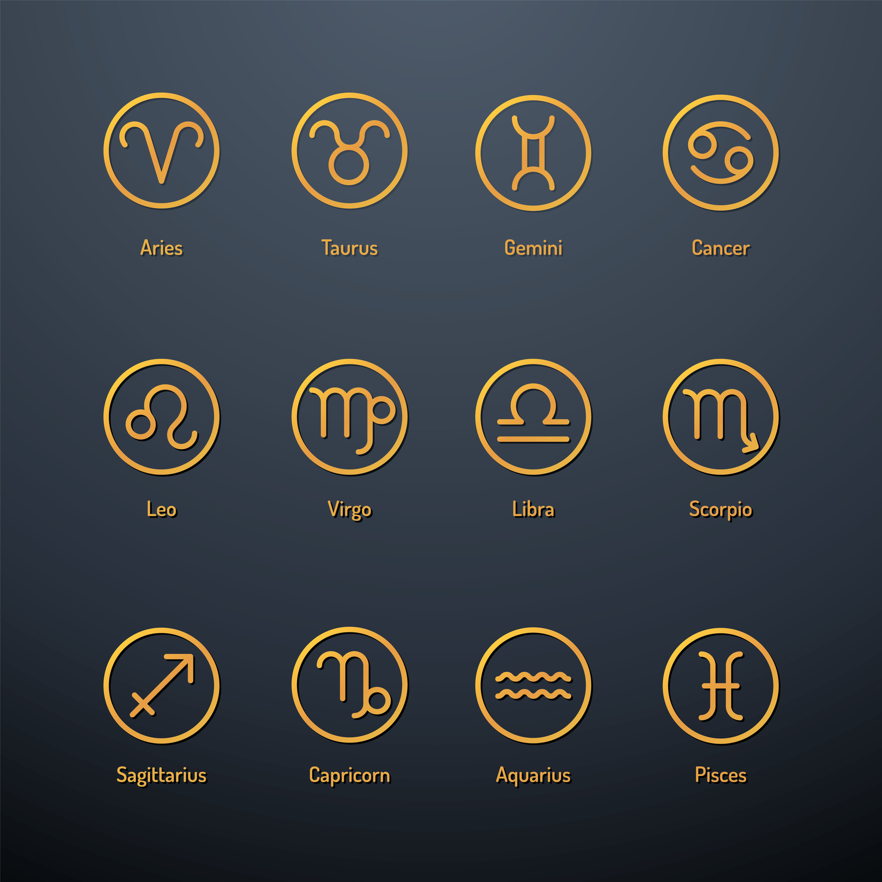 Set of golden coloured icons of astrology signs