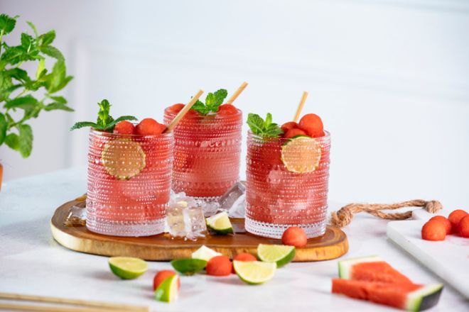 Horizontal composition of three glasses of watermelon sodas