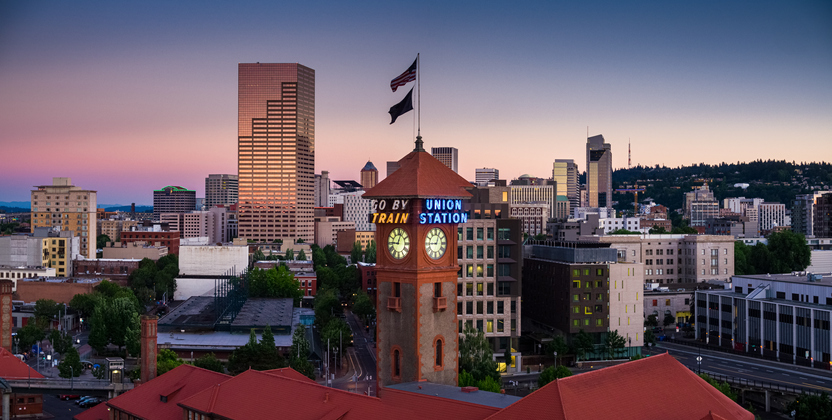 Union Station and Downtown Portland at Sunset - Aerial Panorama