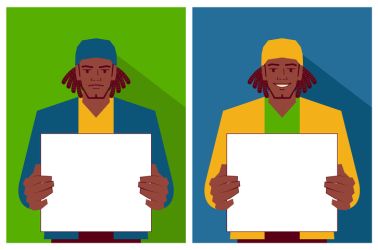 A young man with an afro hairstyle holds a blank sign with two different emotions