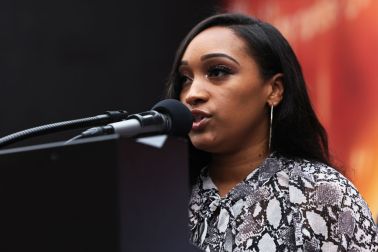 DMX's fiancee Desiree Lindstrom gives speech at rapper's mural unveiling.