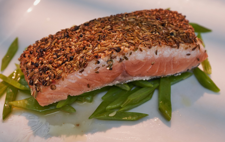 Spice crusted salmon on beans