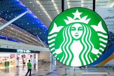 Starbucks logo at the American multinational chain Starbucks Coffee store and logo...
