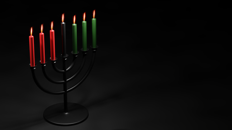 Kwanzaa Festival of unity and togetherness. Seven candles on menorah candleholder. Black Christmas celebrations. 3d illustration banner on black background.
