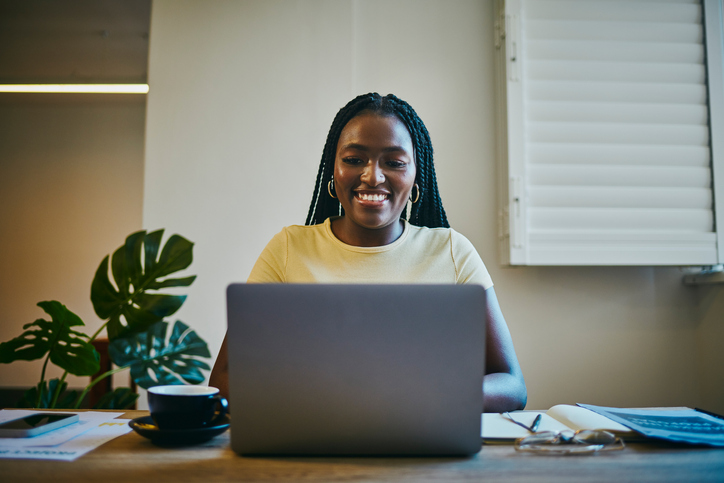 Laptop, working and black woman on laptop taking free black history courses