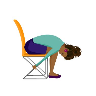 Pretty African American woman doing exercises for back on the office chair. Business woman in healthy forward bend pose.