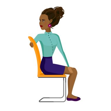 Pretty African American woman doing exercises for back on the office chair. Business woman in healthy twist pose.