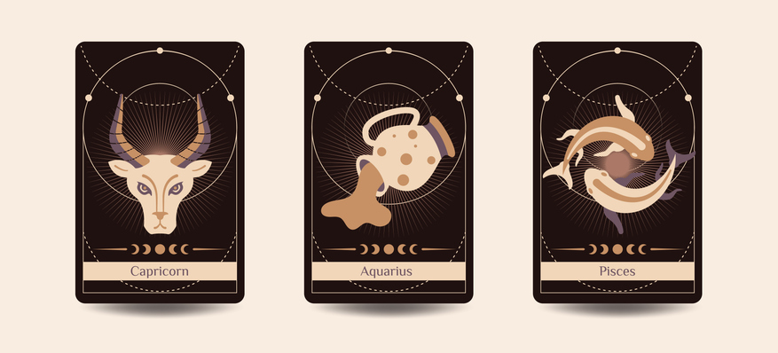 Capricornus, Aquarius, and Pisces zodiac symbols are hand drawing styles on a dark brown background, Fit for paranormal, tarot readers, and astrologers