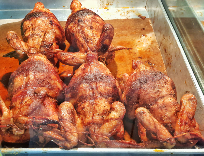 Rolled chicken or whole roasted chicken.