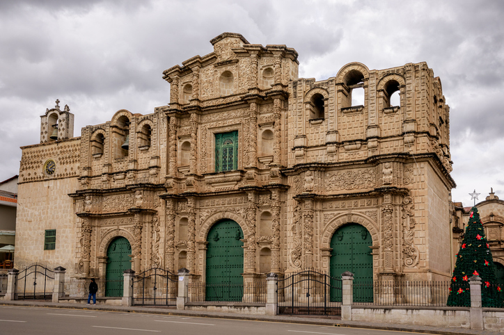 Baroque church facade in Cajamarca, Peru