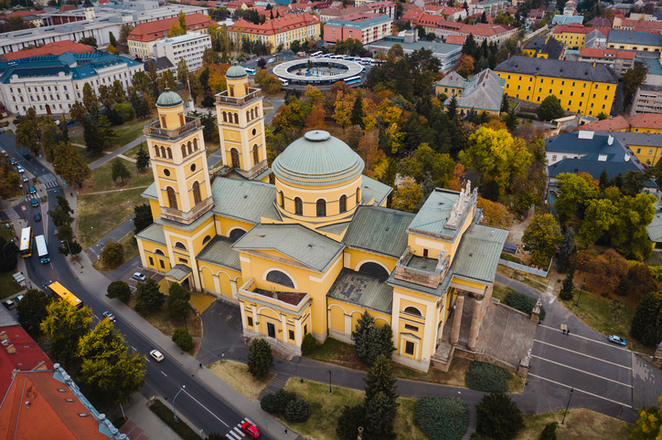 Aerial view of historic church in Eger city landscape