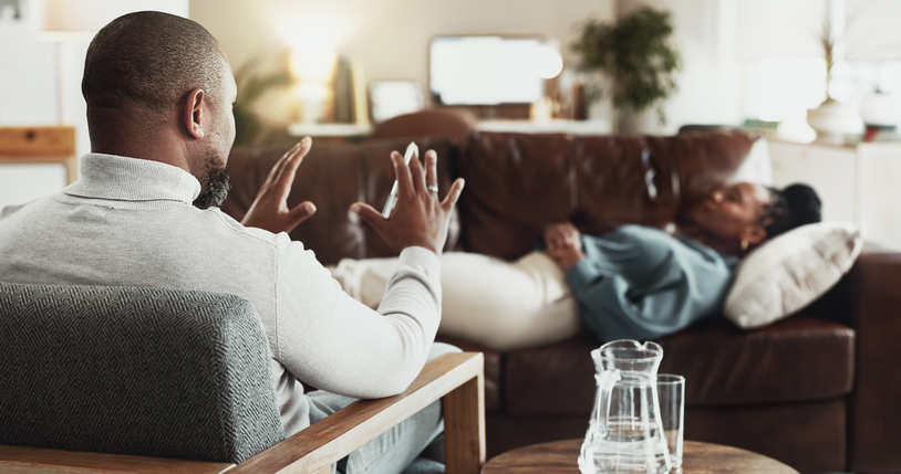 Psychologist, patient and hypnosis for mental health, doctor and mood disorders with suppressed memory. Counselling, client or woman on sofa, access subconscious mind or trauma triggers and awareness
