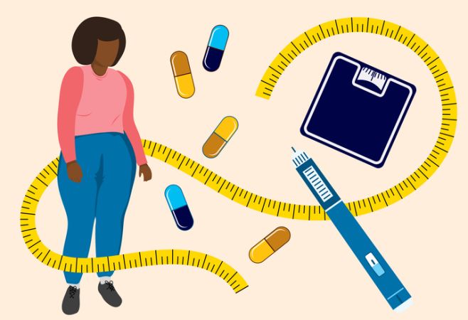 Woman Weight Loss Concept. Medical Weight Loss With Semaglutide And Healthy Diet Elements