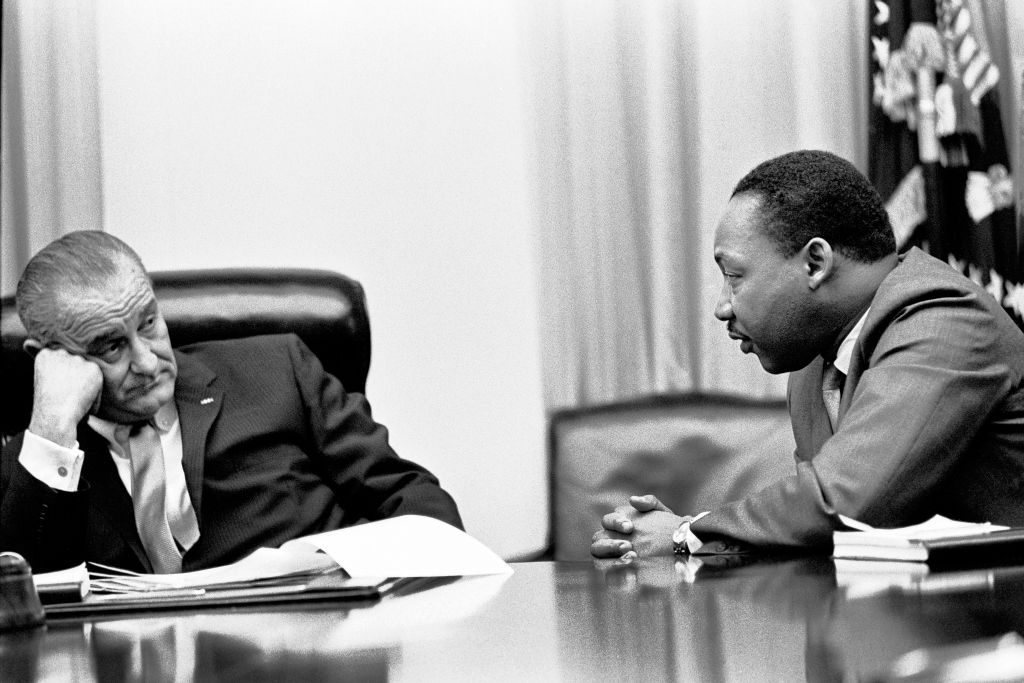 U.S. President Lyndon Johnson, Martin Luther King, Jr., during civil rights meeting, Cabinet Room, White House, Washington, D.C., USA, Yoichi Okamoto, March 18, 1966