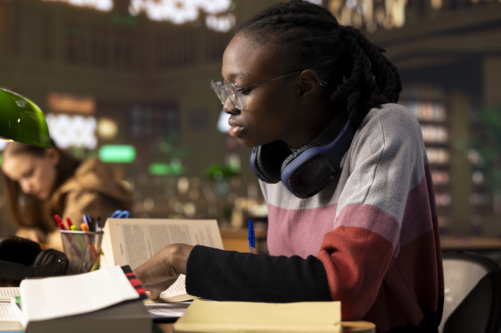 African american college student writes her bachelor degree paper