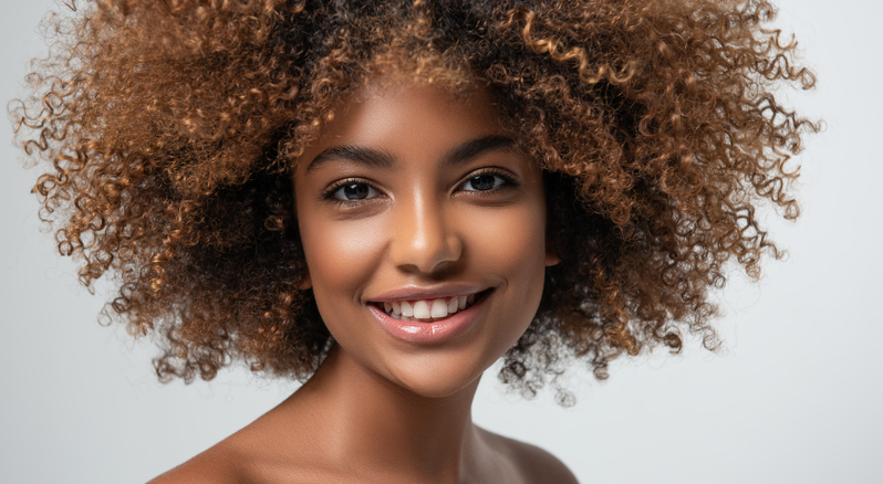 Shiny, toothy smile, and expression of gladness on the face of young brown skinned woman. Afro beauty.