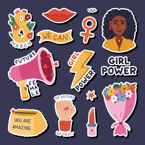 Lovely cartoon sicker set for International Women Day for planners, notebooks. Ready for print list of feminism positive stickers, lady character, girl power lettering. Hand drawn feminine collection.
