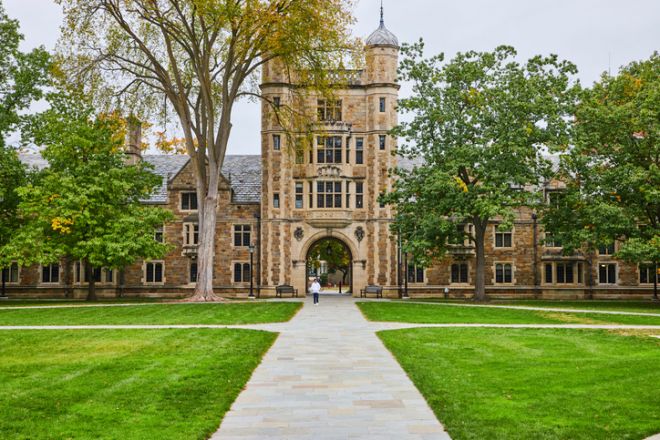 Gothic University Building, Lush Campus Pathway, Autumn Leaves