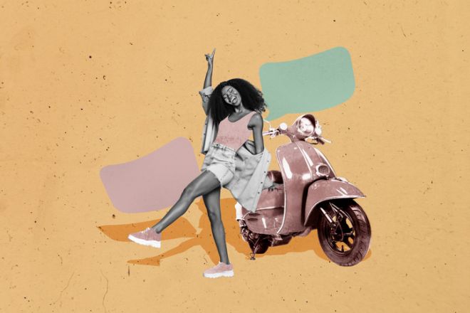 Composite trendy photo collage of happy girl stand retro vespa motorcycle chatterbox notification speech dialogue phrase