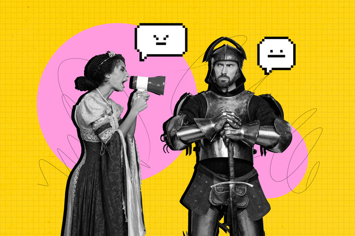 Sketch image trend artwork 3D photo collage of costume queen dress young lady talk megaphone angry man stand hero conqueror knight vintage